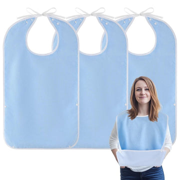 Two waterproof adult bibs with crumb catchers in blue, designed for women, men, and seniors, for feeding and feeding assistance.