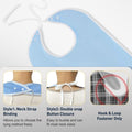 Two waterproof adult bibs for women and men with crumb catchers, reusable and washable in blue, for feeding and eating.