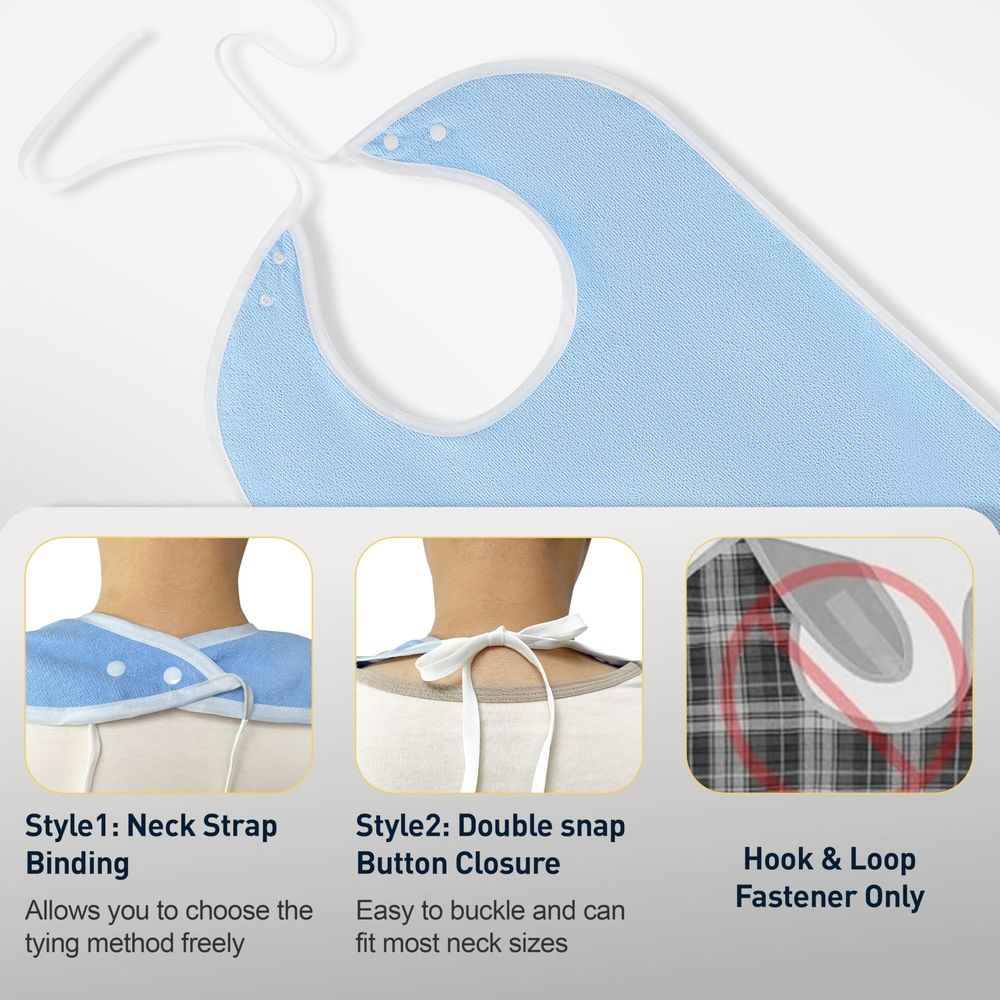 Two waterproof adult bibs for women and men with crumb catchers, reusable and washable in blue, for feeding and eating.