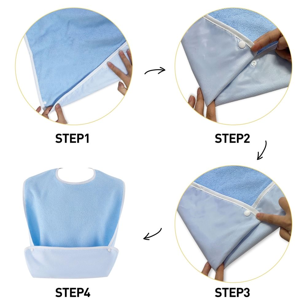Blue waterproof adult bibs with crumb catcher pockets, reusable and washable, ideal for feeding women, men, and seniors.