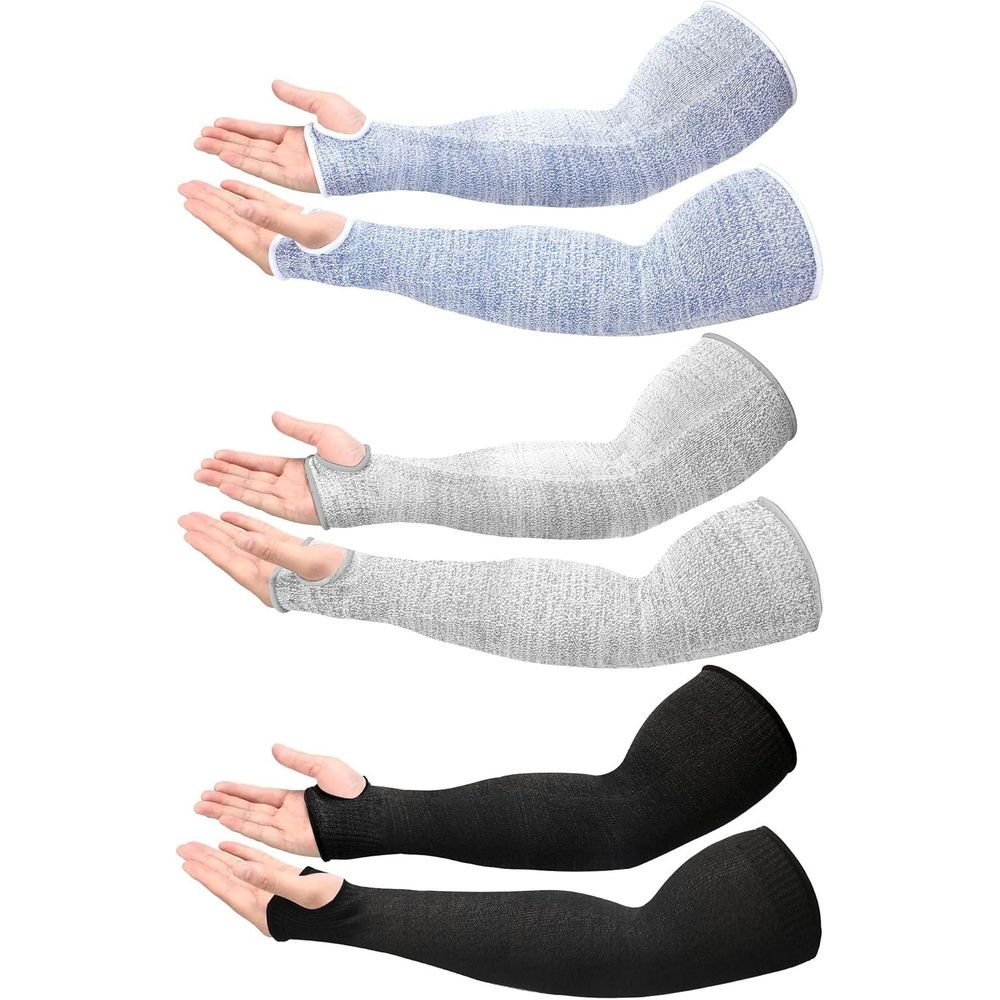 Three pairs of elderly arm sleeves in black, gray, and blue with thumb holes, protecting thin skin from sun, abrasions, and bruises