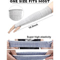 Three pairs of elderly arm sleeves in black, gray, and blue with thumb holes, protecting thin skin from sun and abrasions.