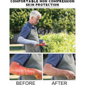 Three pairs of elderly arm sleeves in black, gray, and blue with thumb holes, designed for skin protection and sun coverage.