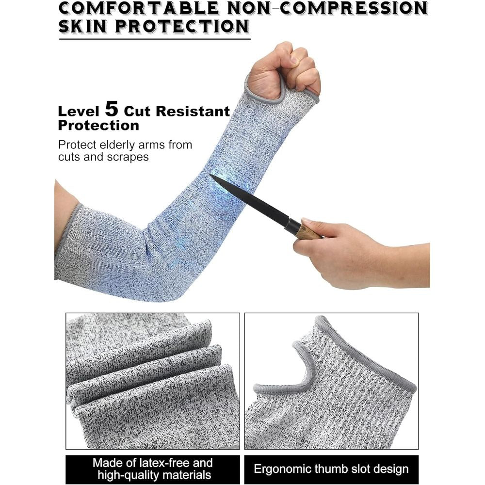 Three pairs of black, gray, and blue elderly arm sleeves with thumb holes, protecting thin skin from sun, abrasions, and bruising.