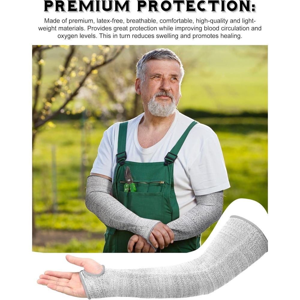 Three pairs of elderly arm sleeves in black, gray, and blue with thumb holes, protecting thin skin from sun, abrasions, and bruising.
