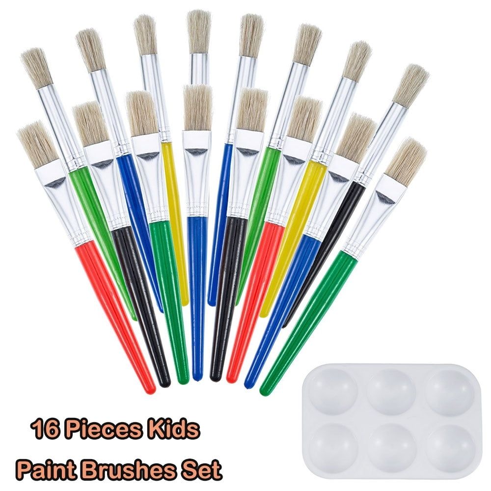 Set of 16 kids' paint brushes with colorful handles and palette, ideal for young artists and students, by Everything Baby.