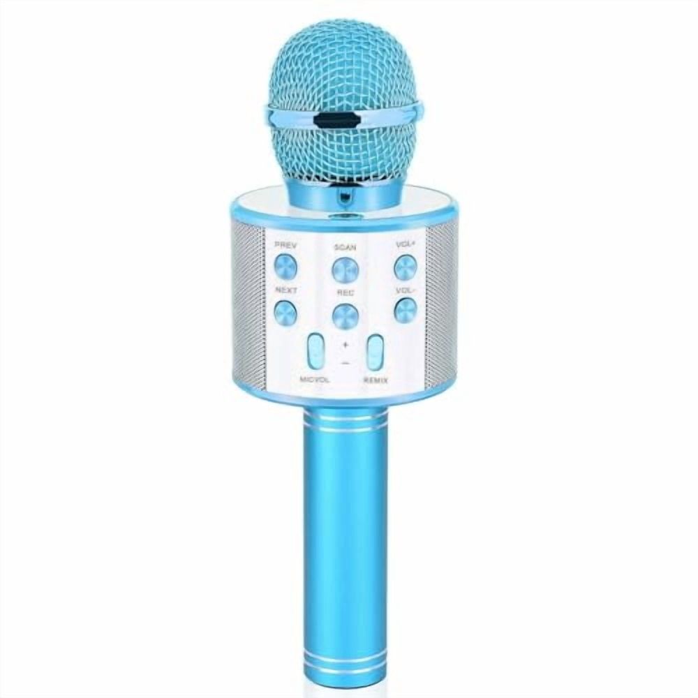 Hot pink wireless Bluetooth karaoke microphone for kids with speaker, recorder, FM radio, and adjustable remix features for boys and girls.