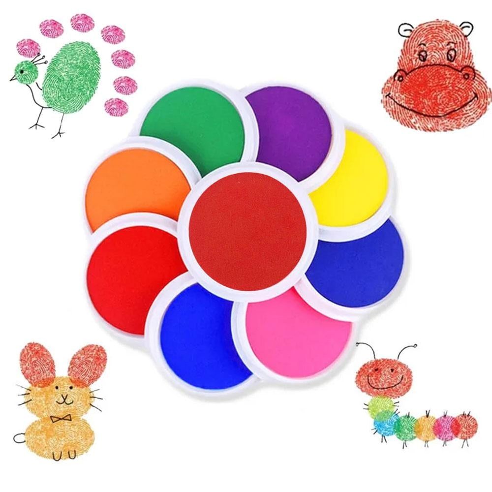 Six colorful washable finger and palm ink pads for children, used for art, drawing, and graffiti activities by Everything Baby.