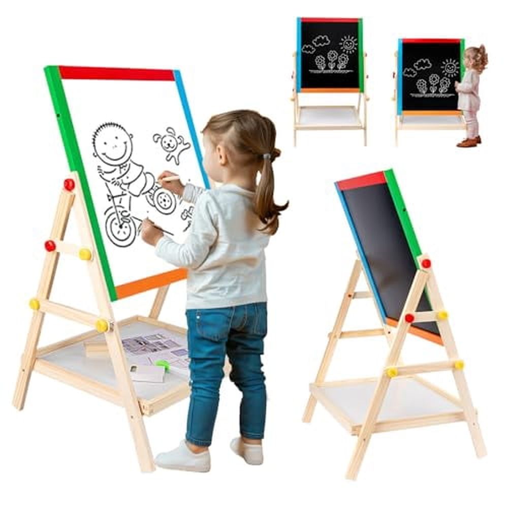 Kids' art easel from Everything Baby with magnetic whiteboard, chalkboard, adjustable height, storage rack, and drawing accessories.
