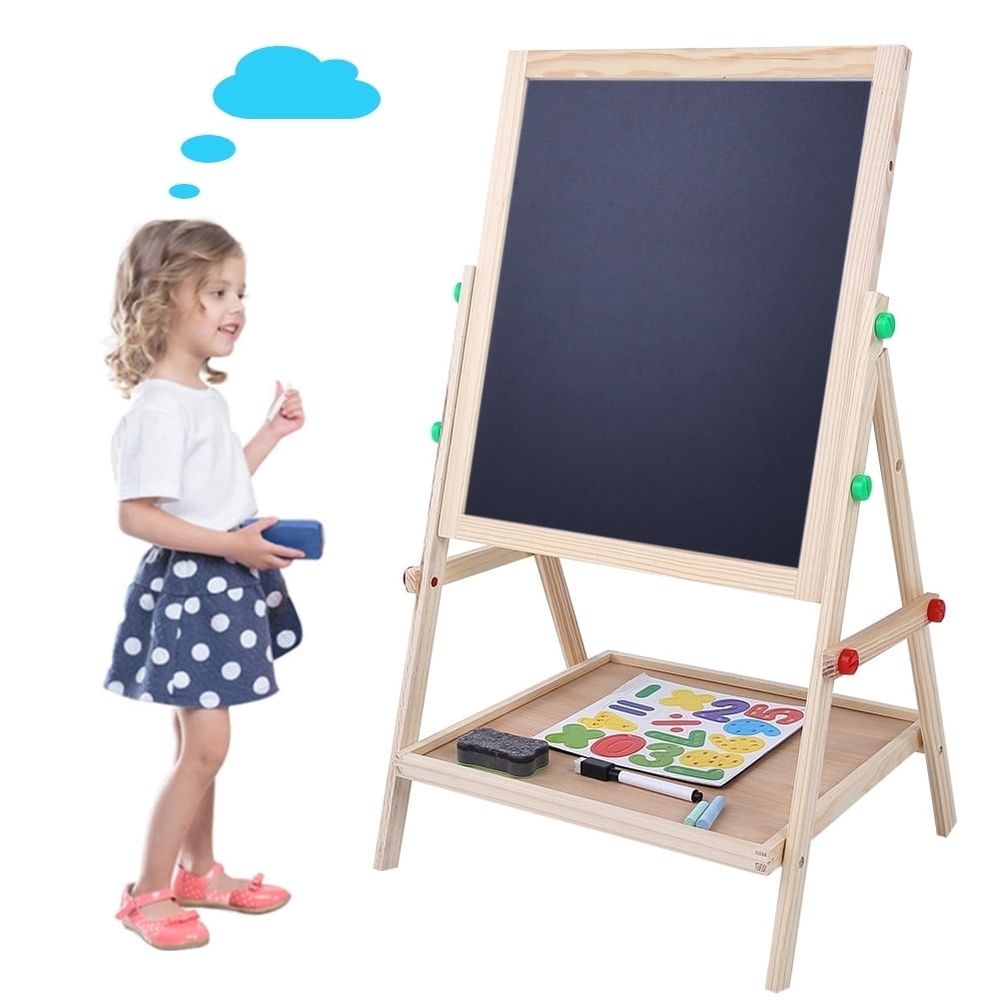 Wooden adjustable kids art easel with double-sided chalkboard and white dry erase board for creative drawing and painting activities