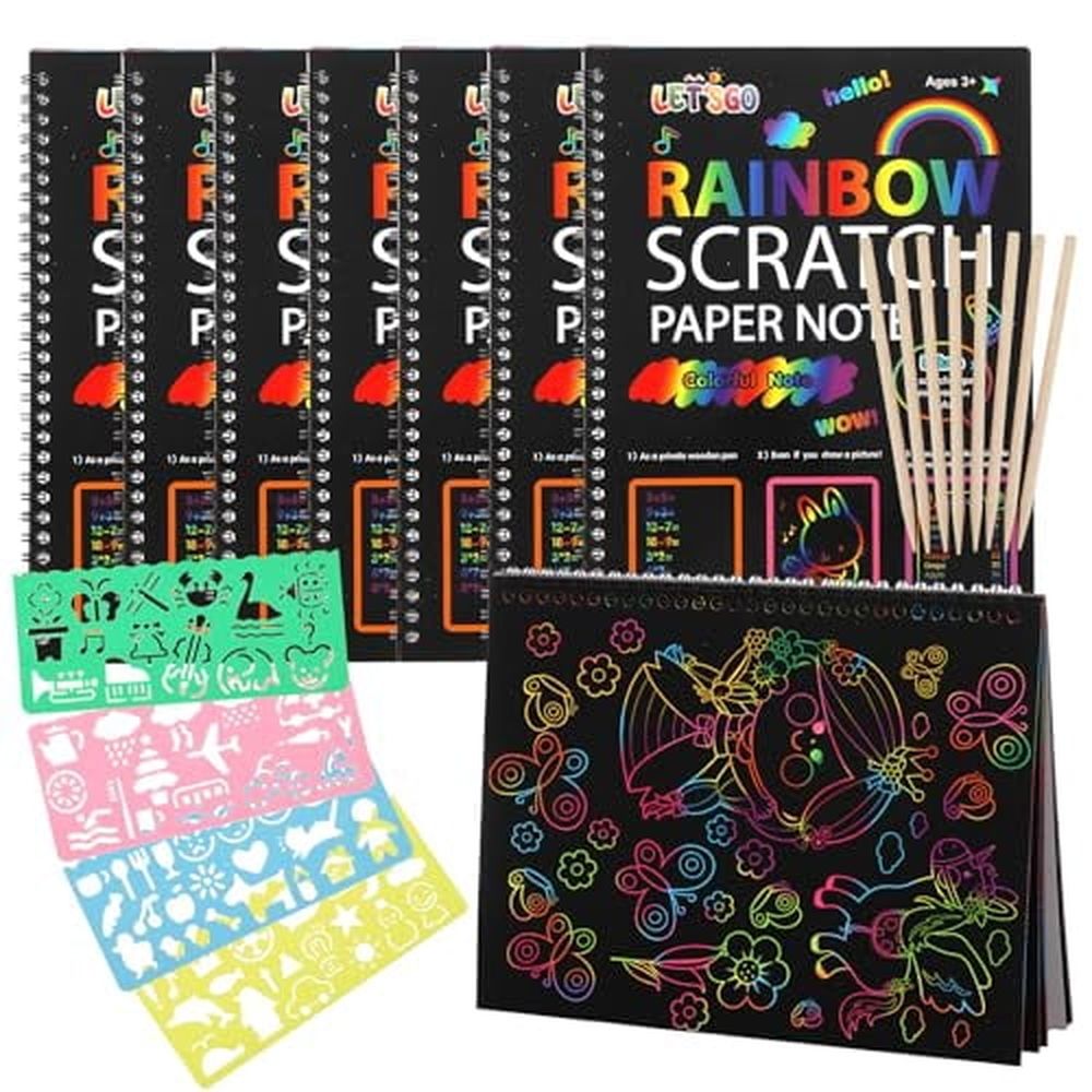 Colorful scratch paper art books for kids by Everything Baby, featuring vibrant drawing and painting sheets for ages 3-12.