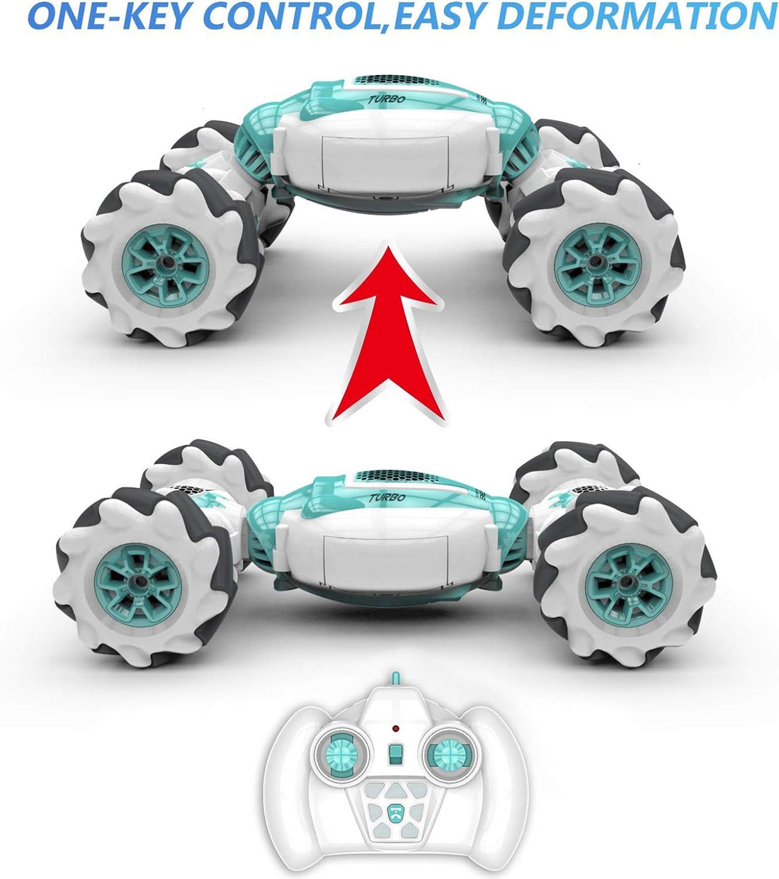 Green stunt car by Everything Baby with 2.4GHz remote control, gesture sensor, all-terrain wheels, and 360° flips for kids.