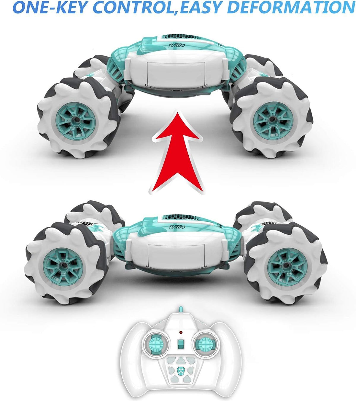 Green stunt car by Everything Baby with 2.4GHz remote control, gesture sensor, all-terrain wheels, and 360° flips for kids.