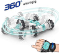 Green stunt remote control car with 4WD, gesture sensor, and 360° flips, designed for kids' off-road adventures.