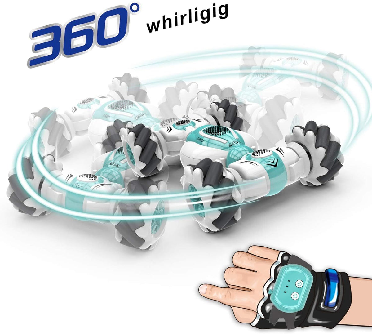 Green stunt remote control car with 4WD, gesture sensor, and 360° flips, designed for kids' off-road adventures.