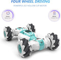 Green stunt car with 2.4GHz remote control, gesture sensor, 360° flips, all-terrain off-road design for kids' ride-on fun.