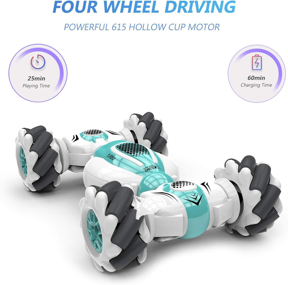 Green stunt car with 2.4GHz remote control, gesture sensor, 360° flips, all-terrain off-road design for kids' ride-on fun.