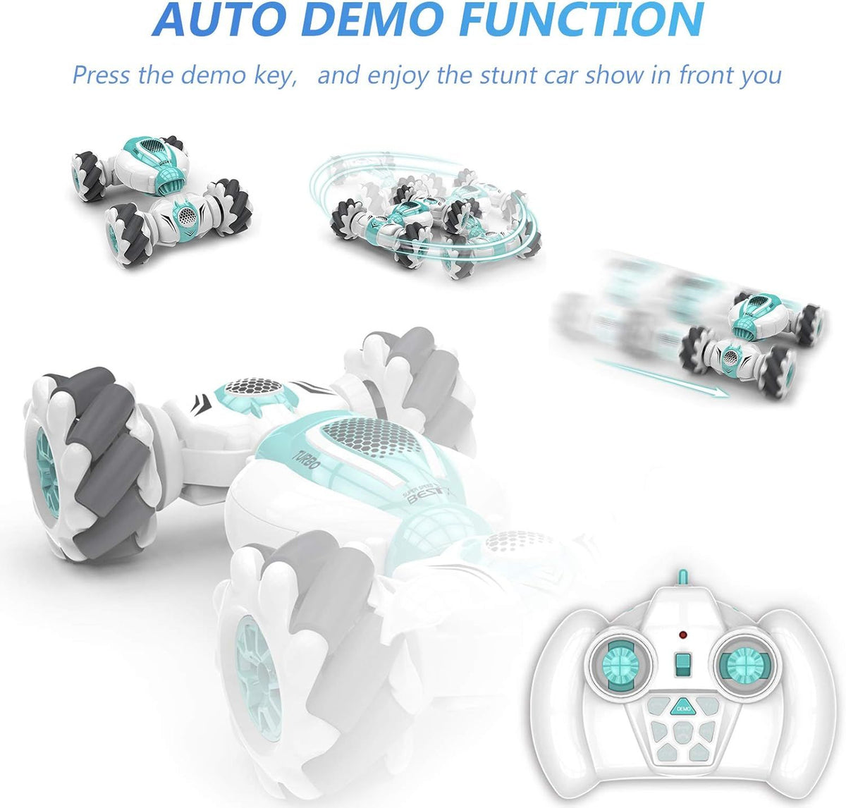 Green stunt car by Everything Baby, 2.4GHz 4WD remote control off-road car with gesture sensor and 360° flips for kids.