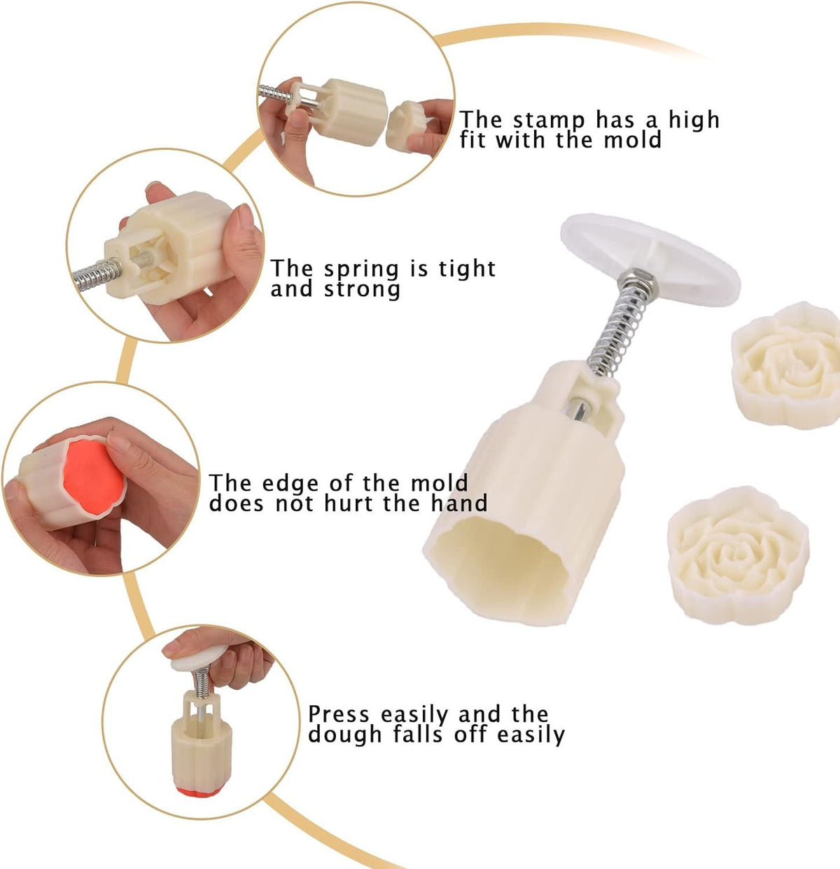 Pink Chinese flower moon cake press mold with six stamps, ideal for making decorative moon cakes and puff pastries.