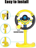 Yellow simulated steering wheel toy for kids, electric ride-on car accessory, designed for young copilots and driving fun.