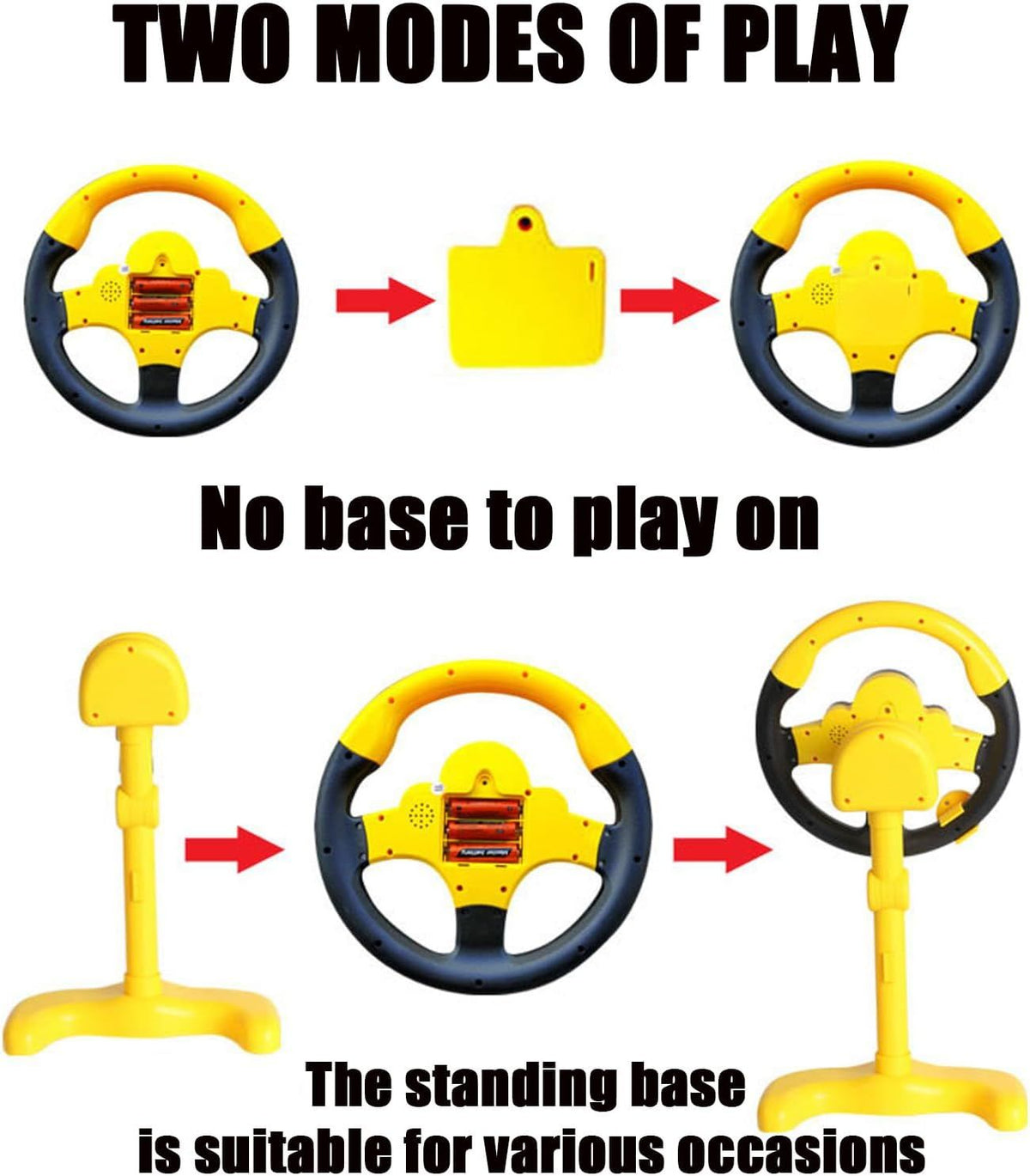 Yellow simulated steering wheel toy for kids, electric ride-on car accessory, by Everything Baby, for imaginative driving play.