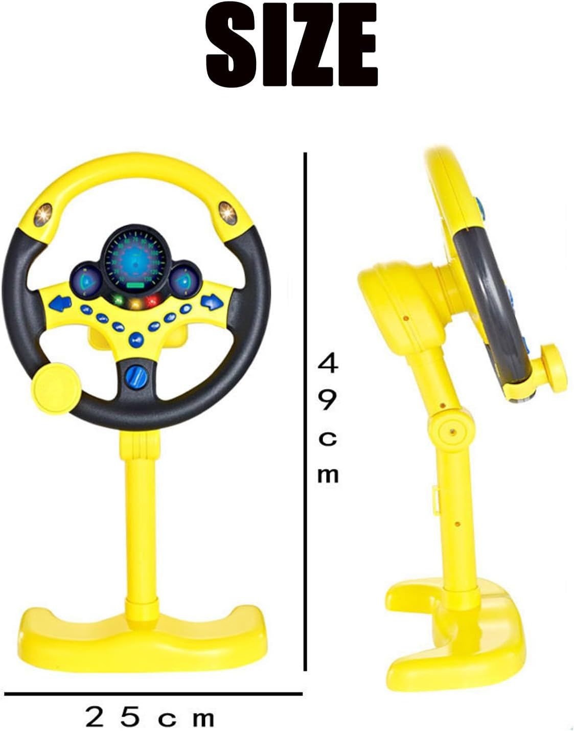 Yellow simulated steering wheel toy for kids, compatible with ride-on cars, designed for pretend driving and fun.