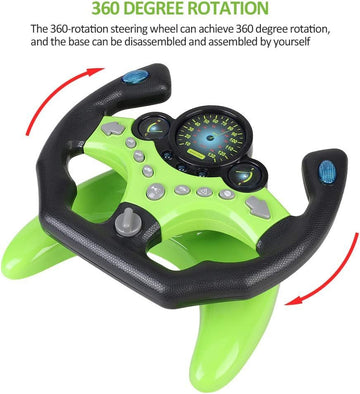 Baby steering wheel toy driving controller with sound, music, and educational features for kids, designed for ride-on cars.