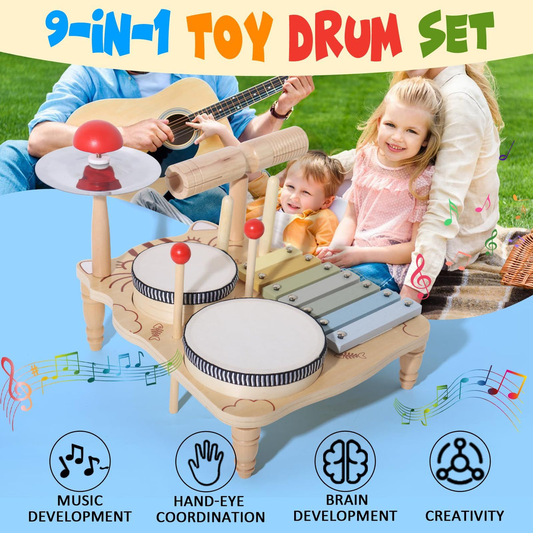 Colorful 7-in-1 children's drum set by Everything Baby, features toddler-friendly musical instruments for preschoolers.