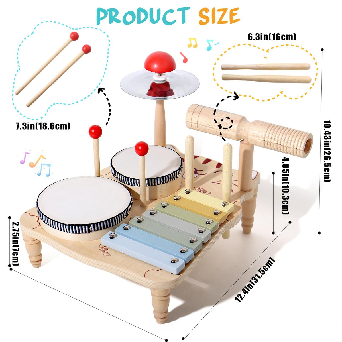 Colorful 7-in-1 children's drum set by Everything Baby, designed for toddlers with musical instruments for preschool play.