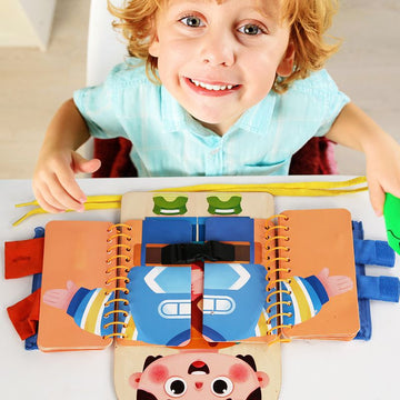 Baby and kids educational toy featuring clothes, buckle, zipper, tie shoes for life skills development by Everything Baby