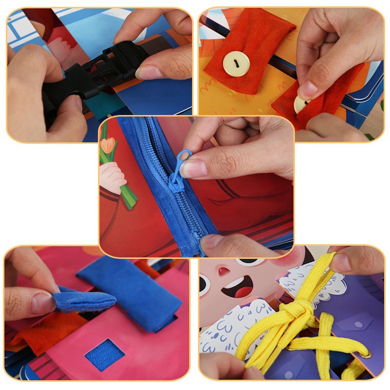 Baby and toddler life skills toy by Everything Baby featuring clothes, buckle, zipper, and tie shoes for early education and development.