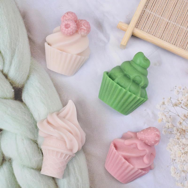 Four-pack of silicone ice cream cone molds with strawberry, raspberry, cherry, and chocolate designs for cake decorating.