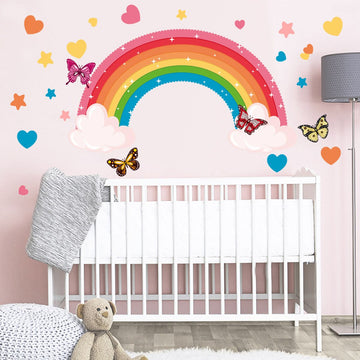 Colorful rainbow wall sticker featuring butterflies, rabbits, elephants, clouds, and animals for kids' bedrooms and pretend play.