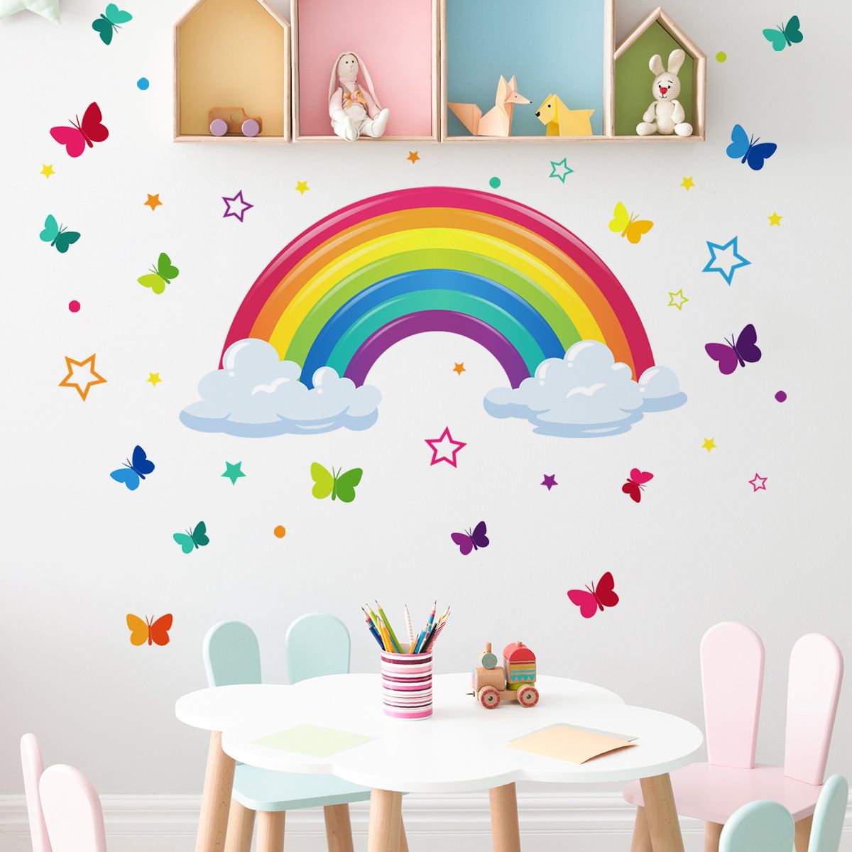 Colorful rainbow wall sticker featuring butterflies, rabbits, elephants, clouds, and animals for children's bedroom decor.