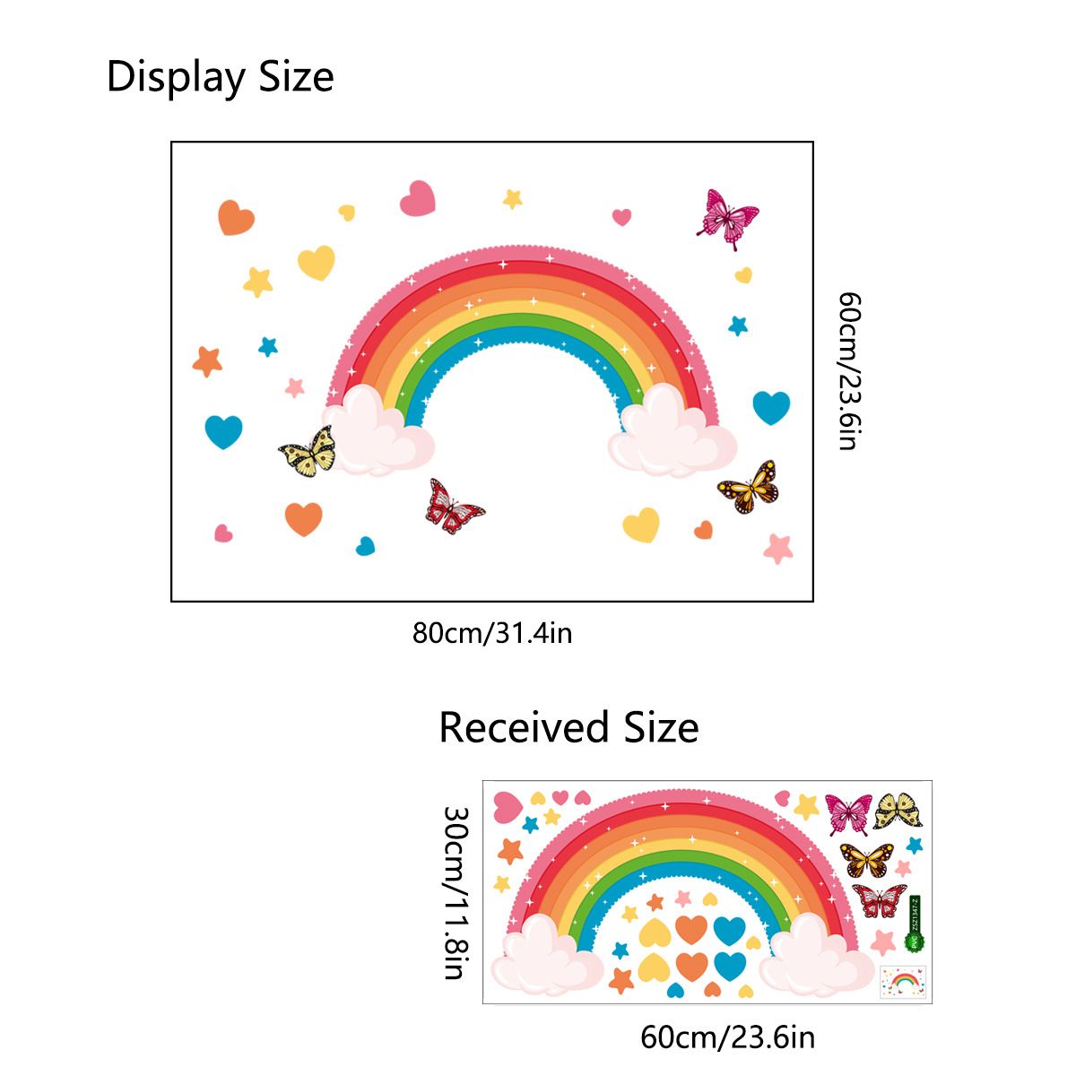 Colorful rainbow wall stickers featuring butterflies, rabbits, elephants, clouds, and animals for children's bedroom decor.