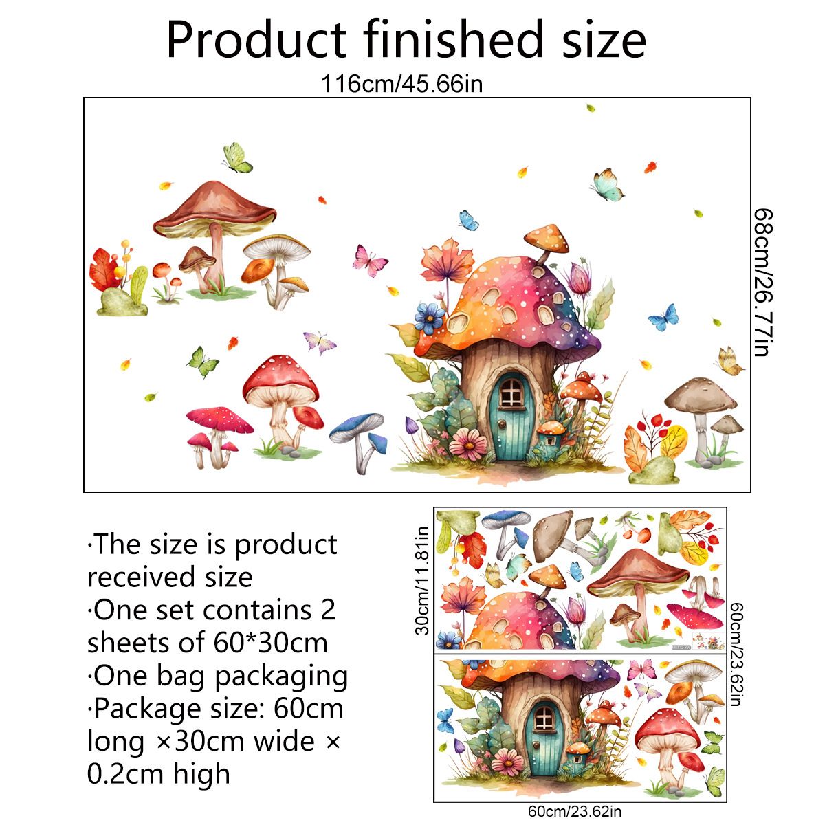 Fairytale butterfly mushroom wall sticker by Everything Baby, suitable for girls' bedrooms or kids' pretend play wall decor.