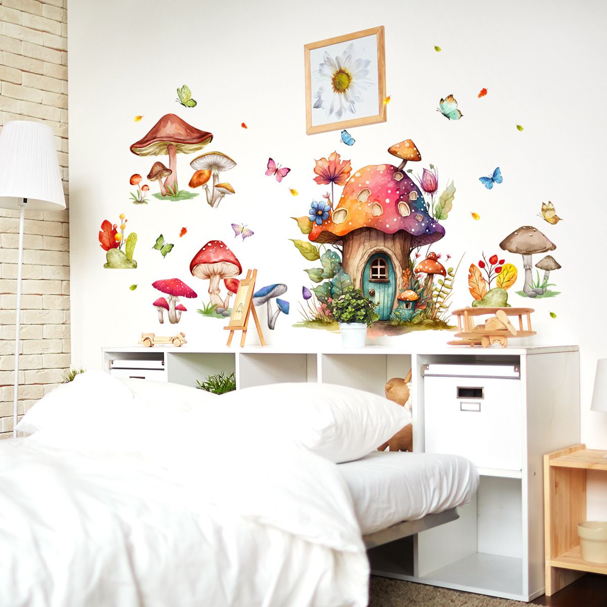 Fairytale butterfly and mushroom wall stickers for girls' bedrooms, featuring colorful, whimsical designs for wall decor.