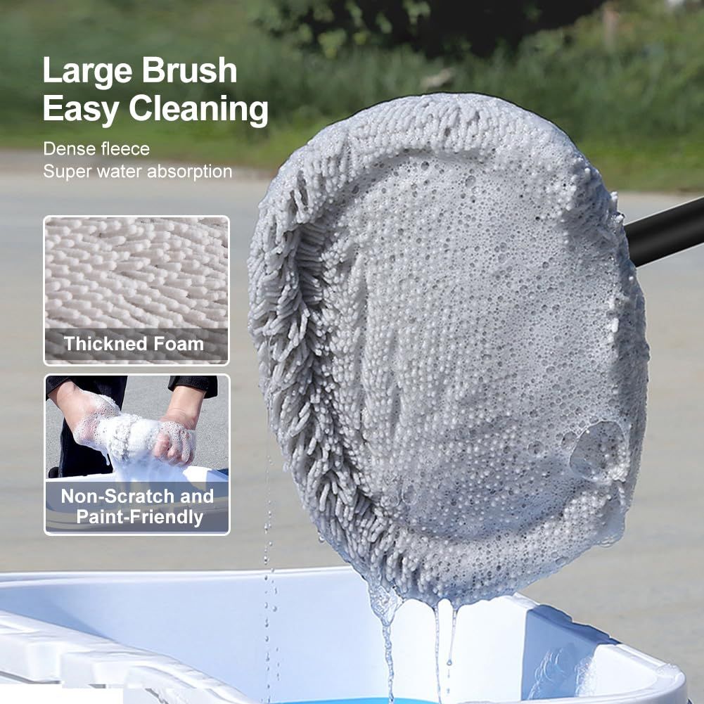 Car wash brush kit with long handle, microfiber chenille mitt, sponge, and curved design for effective vehicle cleaning.