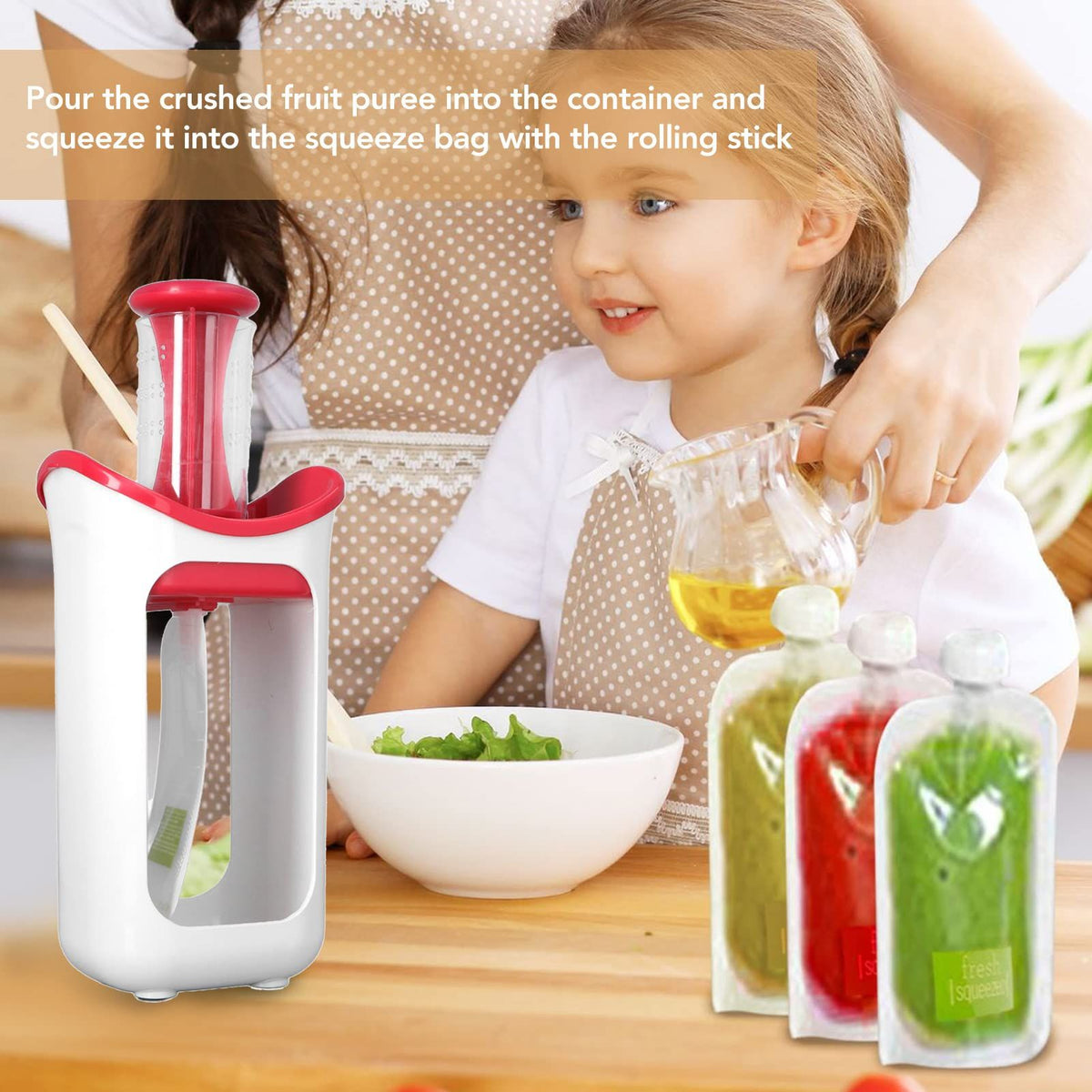 Reusable baby food pouch filler station for semi-solid foods, ideal for homemade baby and toddler feeding by Everything Baby.