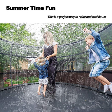 Outdoor trampoline water sprinkler for kids, 26ft long, used for water play, summer fun, and outdoor games in yards.
