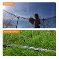Outdoor trampoline water sprinkler for kids, 26ft long, used for summer water play and outdoor fun in yards.