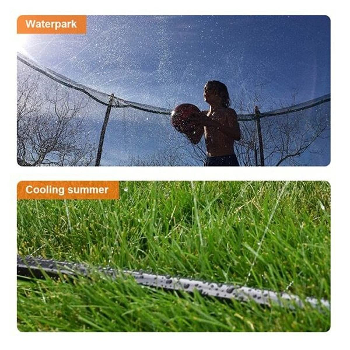 Outdoor trampoline water sprinkler for kids, 26ft long, used for summer water play and outdoor fun in yards.
