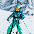 Black toddler ski training safety belt with nylon webbing and leash, designed for balance and safety during snowboarding practice.
