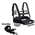 Black toddler ski training safety belt with nylon webbing and leash, designed for beginner snowboard and ski balance assistance.