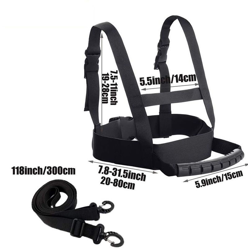 Black toddler ski training safety belt with nylon webbing and leash, designed for beginner snowboard and ski balance assistance.