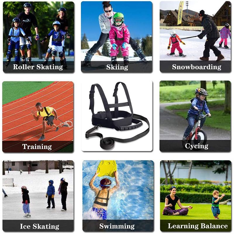 Black toddler ski training safety belt with nylon webbing and leash, designed for beginner snowboarders and kids' ski training.