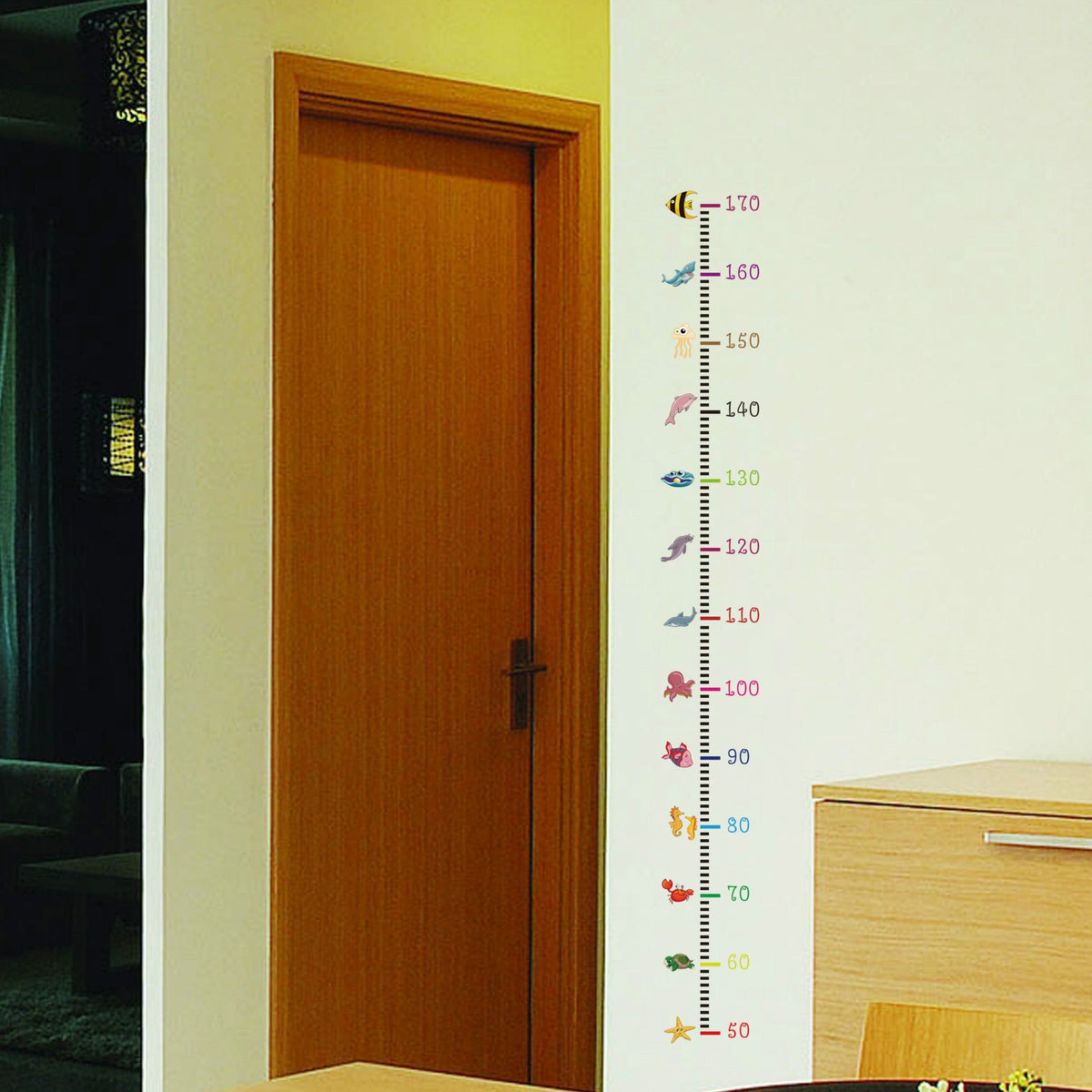 Colorful cartoon love-themed height growth chart for kids, removable wall ruler for nursery and toddler bedroom decor.