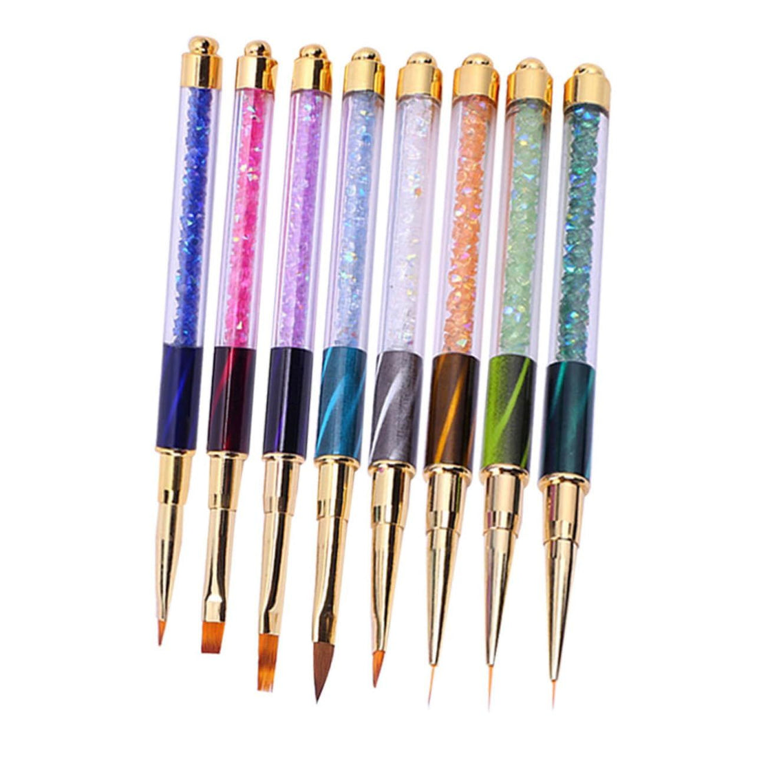Eight rhinestone handle nail art pens with glitter and gradient design, ideal for detailed nail painting and creative nail art.
