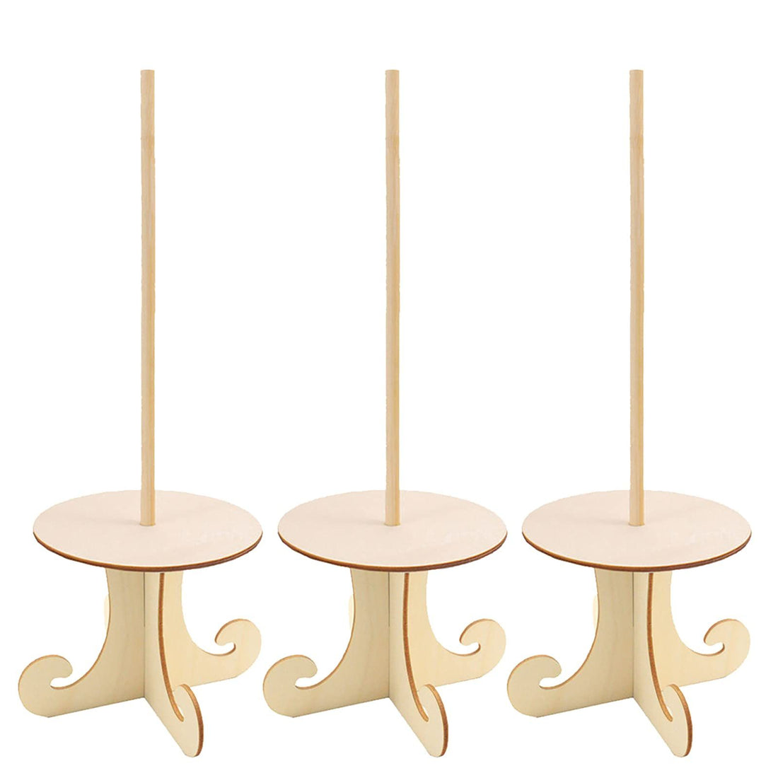 Wooden donut display stands set with three kid-friendly holders, perfect for birthday and wedding cake decor, by Everything Baby.