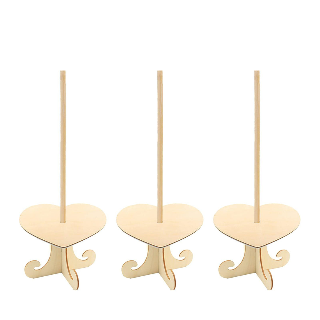 Three wooden donut display stands with heart-shaped plates, perfect for birthday or wedding cake decoration, by Everything Baby.